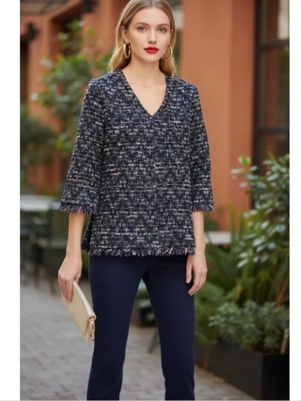 Tuckernuck Belfast 3/4 Sleeve Metallic Tweed Wool Blend Lined Top Small EUC